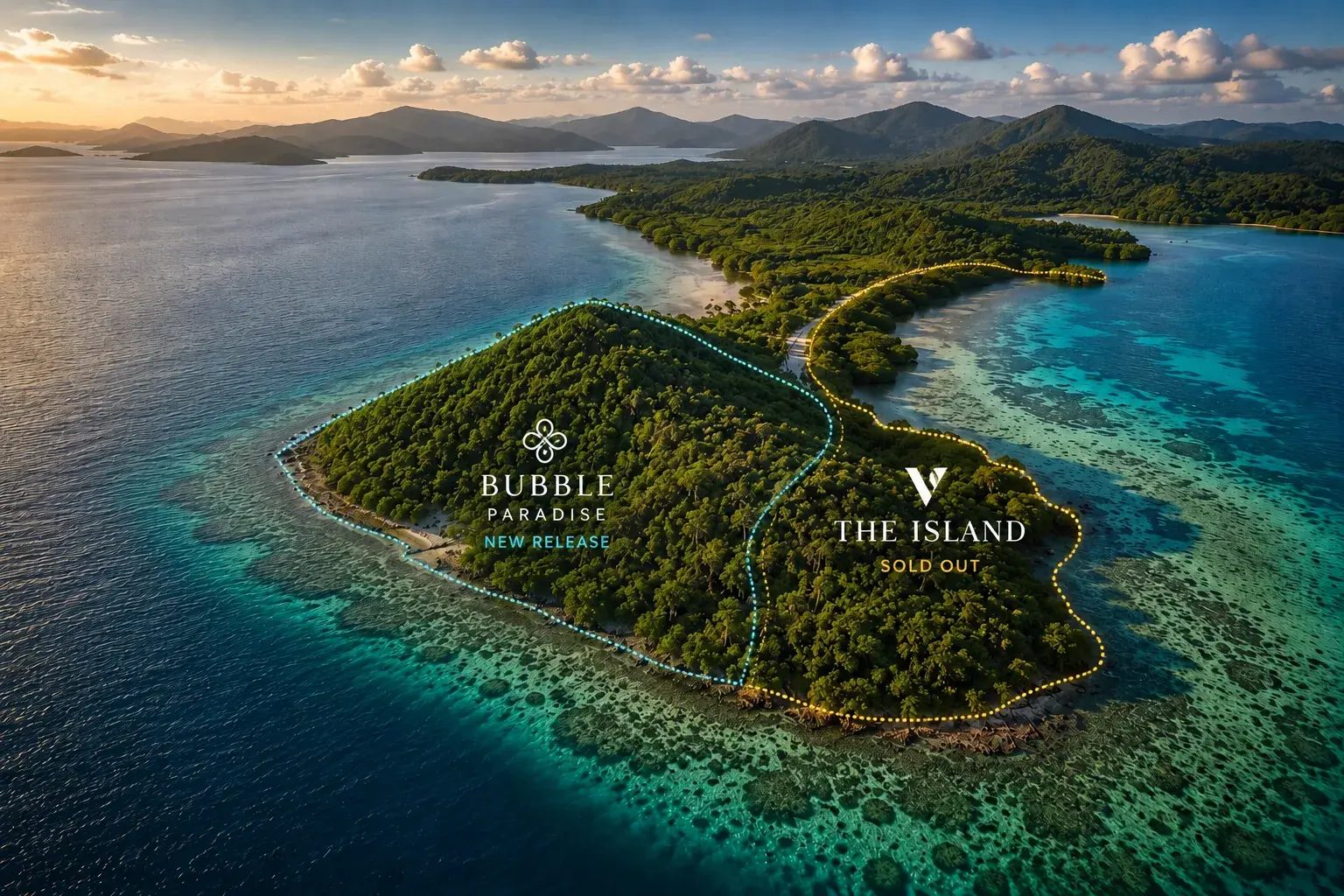 Vista aérea de The Island en Coron, Palawan: una isla privada boscosa rodeada de arrecife turquesa, con las colecciones Bubble Paradise y The Island en sus dos mitades