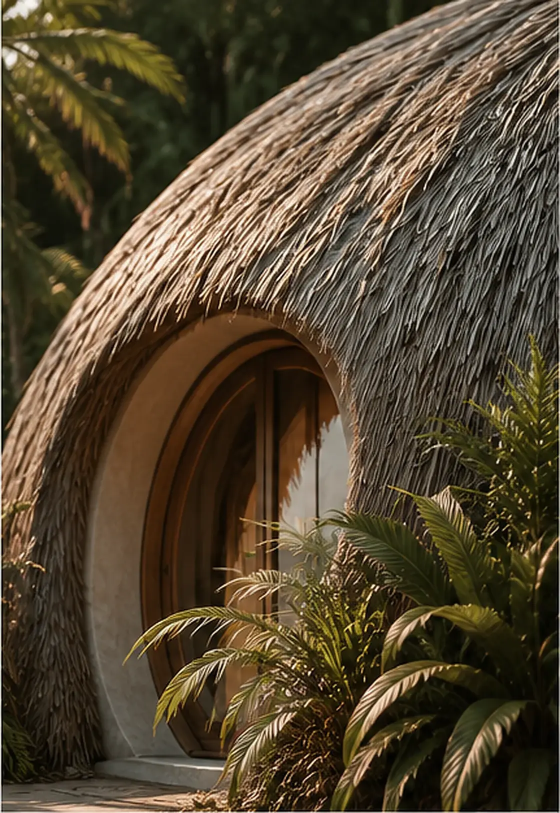 Detalle de una villa Bubble Paradise: cubierta abovedada de fibras vegetales, abertura curva de madera y vegetación tropical