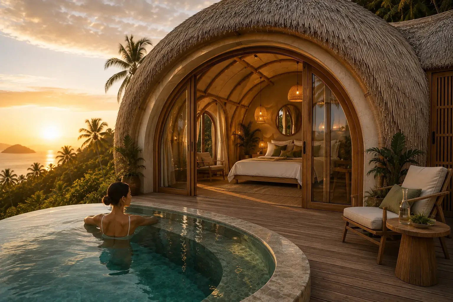 Descanso en la piscina privada de una Bubble Villa al atardecer, con el dormitorio iluminado al fondo