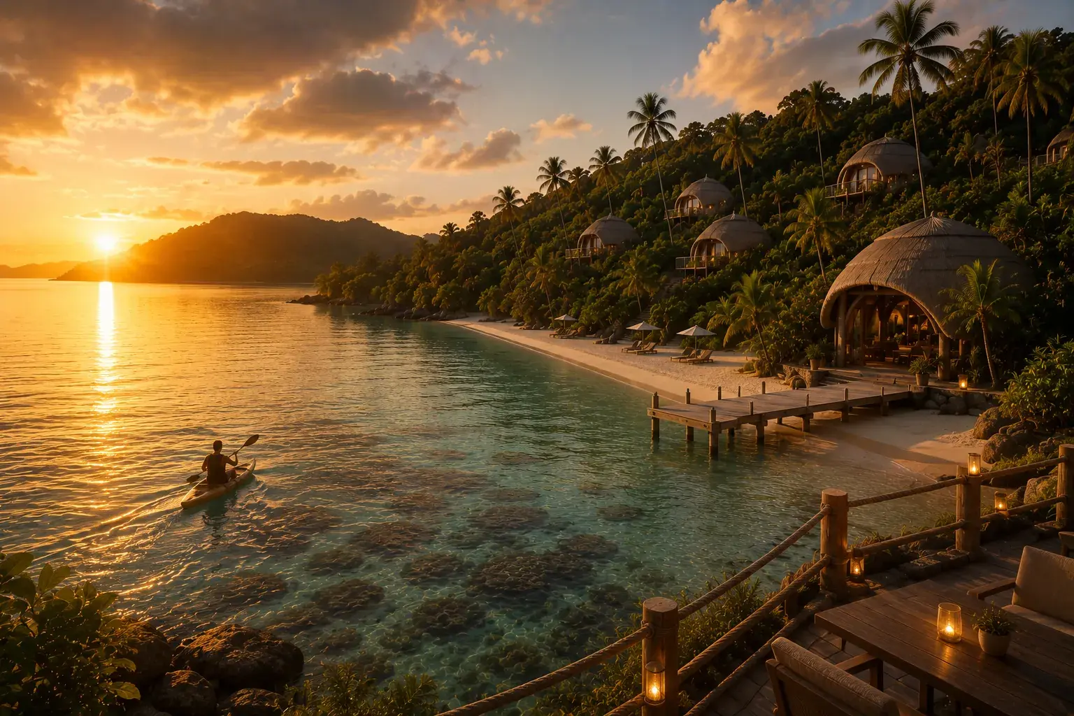 The Island al atardecer: un kayak sobre agua tranquila, playa y muelle iluminados y villas en la ladera boscosa