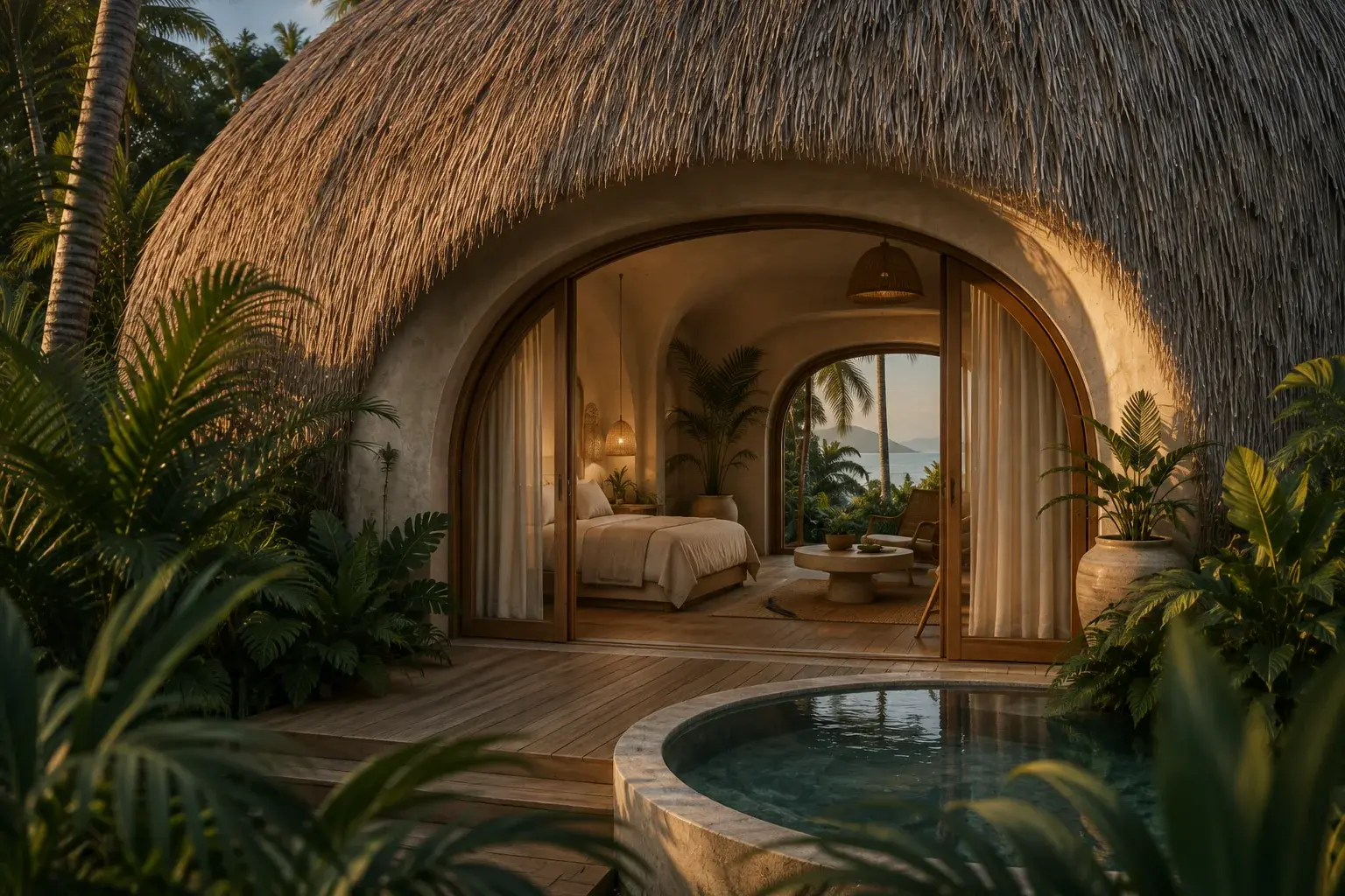 Una Bubble Villa al anochecer vista desde su terraza, con cubierta vegetal, interior iluminado y pequeña piscina entre plantas