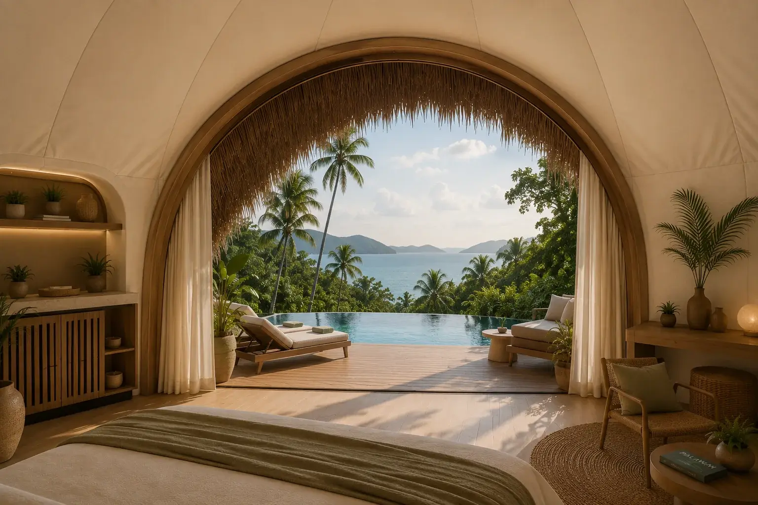 Interior de una Bubble Villa con cubierta curva y arco de madera abierto a la terraza, la piscina, las palmeras y el mar