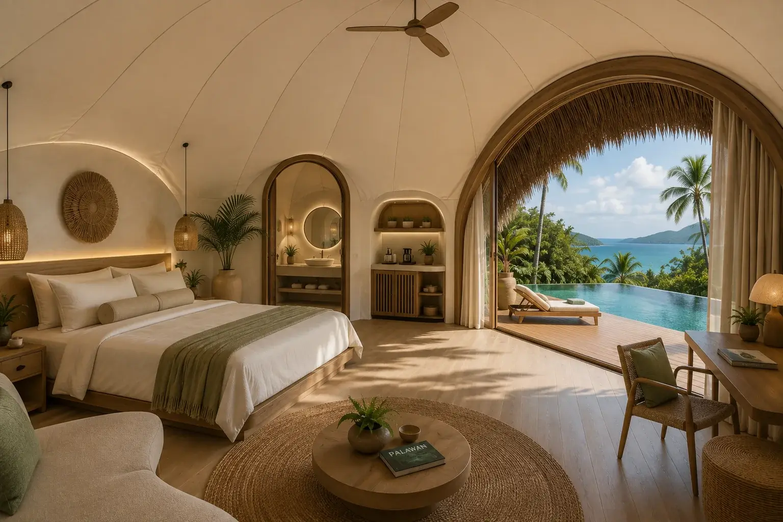 Interior de una Bubble Villa con cama y zona de estar bajo la cúpula, y arco de madera abierto a la terraza y al agua