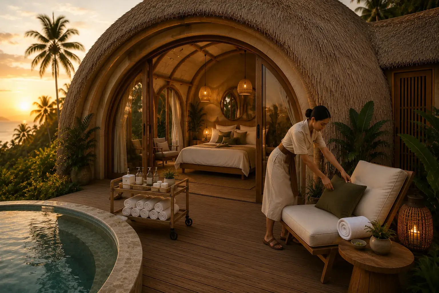 Un miembro del equipo prepara la terraza de una Bubble Villa al atardecer, con toallas limpias y cojines sobre la tumbona