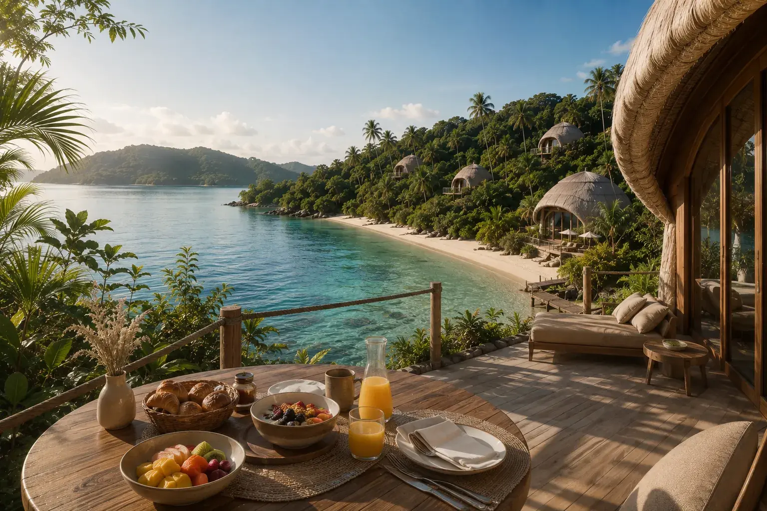 Desayuno servido en una terraza de madera sobre la bahía, con la playa y las villas de la ladera al fondo