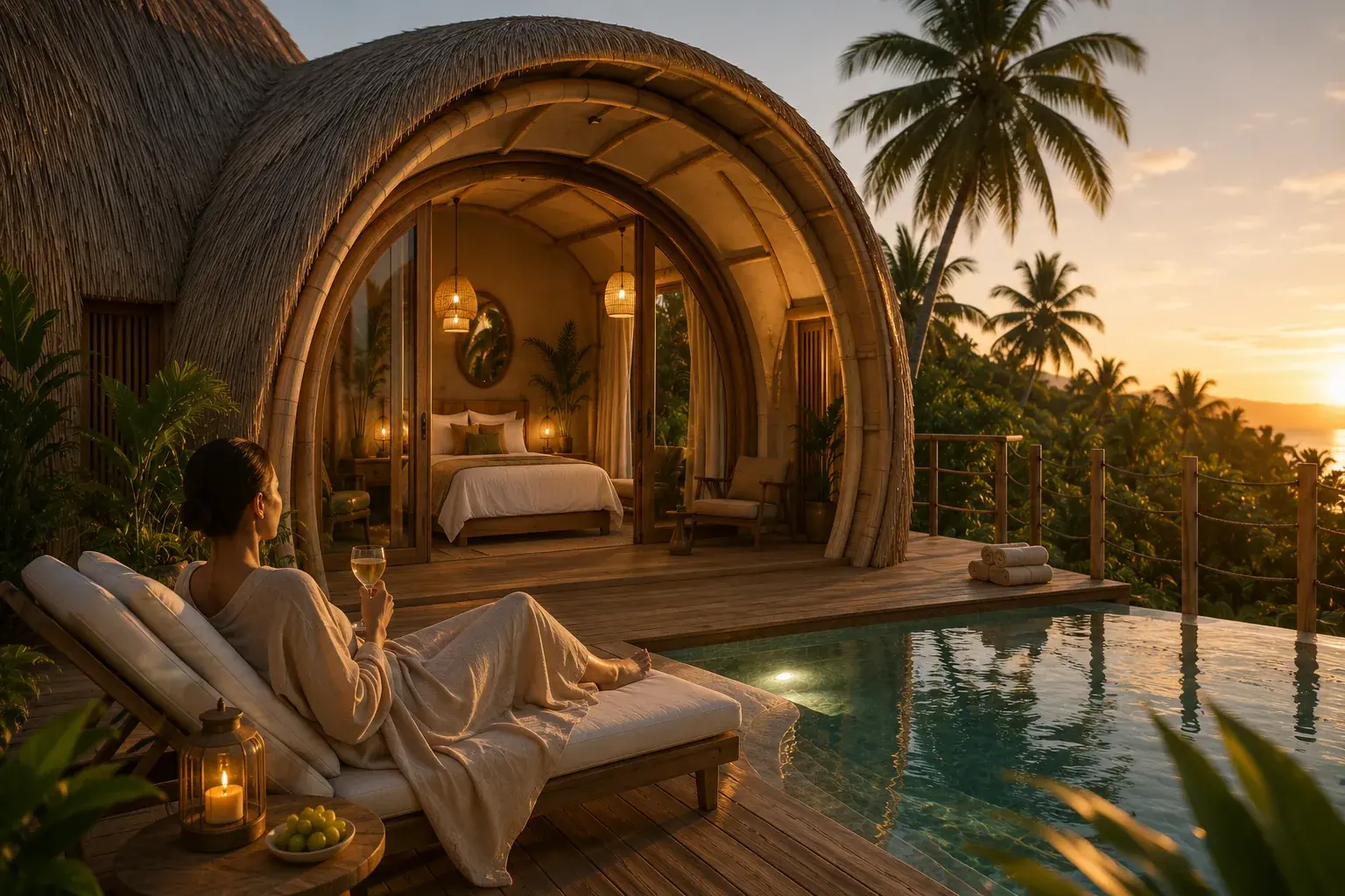 Un propietario descansa en la terraza de una Bubble Villa junto a la piscina privada al anochecer, con vistas al mar