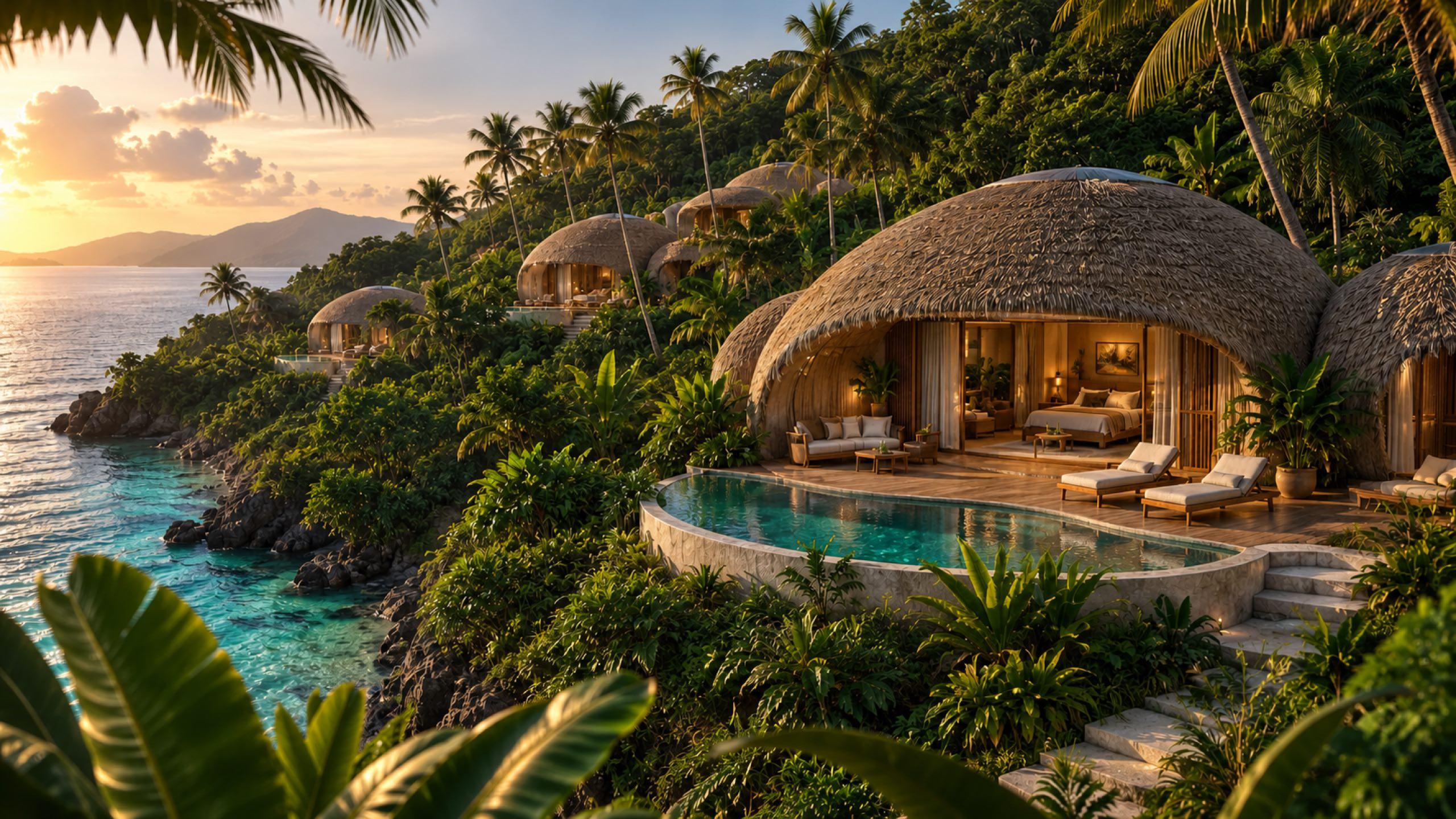 Bubble Paradise en The Island: villas de cubierta vegetal entre la selva, con piscina infinita y vistas al mar al atardecer