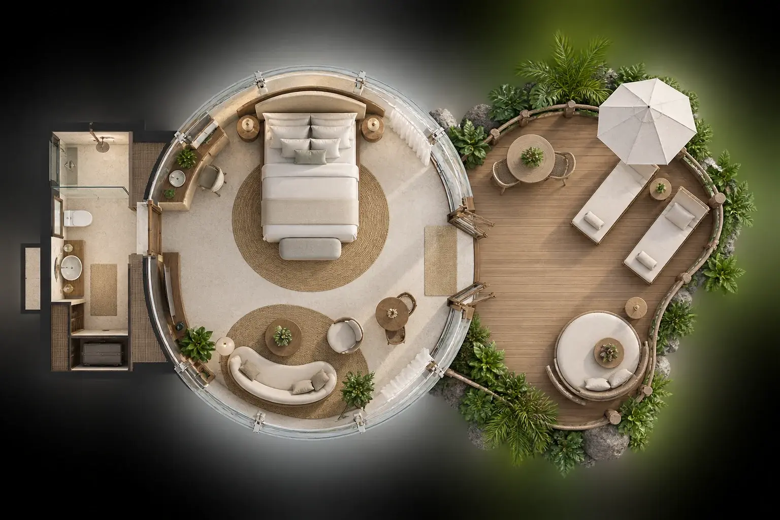 Plano de la Bubble Villa de un dormitorio: cúpula circular con dormitorio y zona de estar, baño lateral y terraza curva de madera entre vegetación